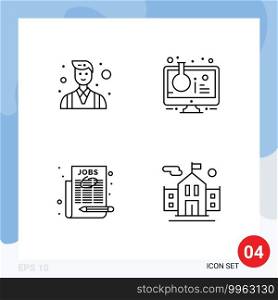 Mobile Interface Line Set of 4 Pictograms of boss, employment, people, online lab, news paper Editable Vector Design Elements