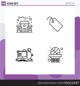 Mobile Interface Line Set of 4 Pictograms of building, office, price, ticket, computer Editable Vector Design Elements