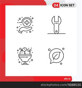 Mobile Interface Line Set of 4 Pictograms of care, food, medicine, tool, restaurant Editable Vector Design Elements
