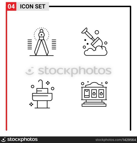 Mobile Interface Line Set of 4 Pictograms of compass, sink, geometry, farm, room Editable Vector Design Elements
