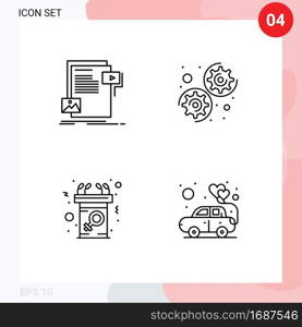 Mobile Interface Line Set of 4 Pictograms of data, communication, media, options, message Editable Vector Design Elements
