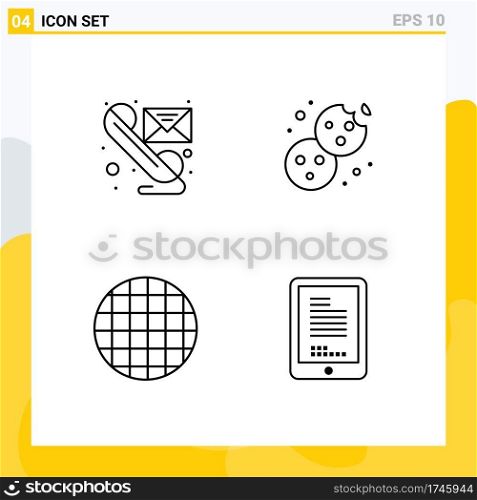 Mobile Interface Line Set of 4 Pictograms of email, food, send, cookie, waffle Editable Vector Design Elements