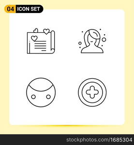 Mobile Interface Line Set of 4 Pictograms of love letter, sign, love, makeup, symbols Editable Vector Design Elements