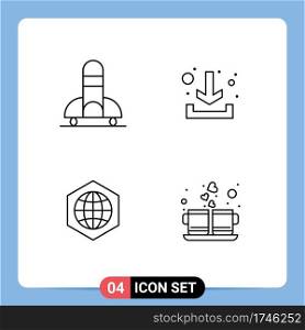 Mobile Interface Line Set of 4 Pictograms of rocket, globe, space, down, coffee Editable Vector Design Elements