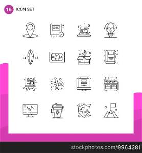 Mobile Interface Outline Set of 16 Pictograms of beach, boat, towels, patent, defence Editable Vector Design Elements