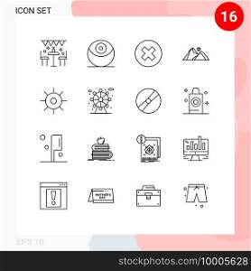 Mobile Interface Outline Set of 16 Pictograms of biology, mountain, close, nature, hill Editable Vector Design Elements