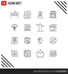 Mobile Interface Outline Set of 16 Pictograms of china, fan, floral, chinese, bridge Editable Vector Design Elements