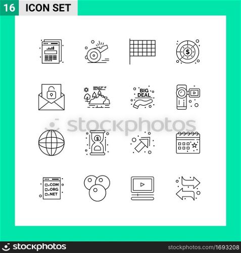 Mobile Interface Outline Set of 16 Pictograms of communication, profit, game, finance, budget Editable Vector Design Elements