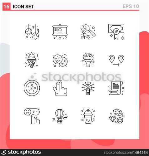 Mobile Interface Outline Set of 16 Pictograms of cone, medical, presentation, hospital, spoon Editable Vector Design Elements