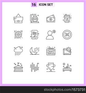 Mobile Interface Outline Set of 16 Pictograms of dart, archery arrow, money, takeout, coffee cup Editable Vector Design Elements