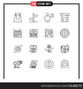 Mobile Interface Outline Set of 16 Pictograms of diet planning, game, body, finish, activities Editable Vector Design Elements