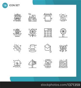 Mobile Interface Outline Set of 16 Pictograms of hands, care, bathroom, preserves, baby Editable Vector Design Elements