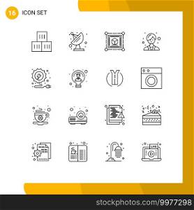 Mobile Interface Outline Set of 16 Pictograms of idea, power, cube, energy, woman Editable Vector Design Elements