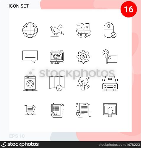 Mobile Interface Outline Set of 16 Pictograms of message, bubble, stretcher, hardware, devices Editable Vector Design Elements