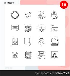 Mobile Interface Outline Set of 16 Pictograms of message, bubble, stretcher, hardware, devices Editable Vector Design Elements