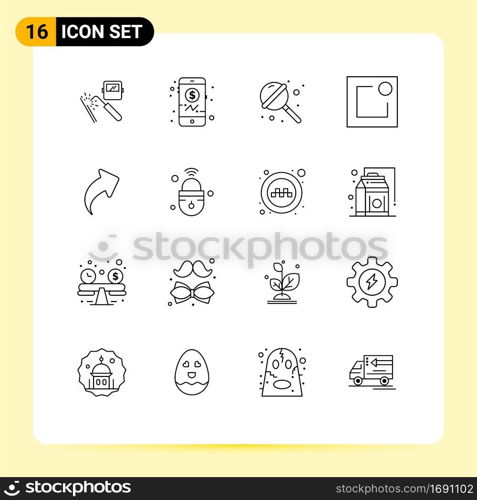 Mobile Interface Outline Set of 16 Pictograms of right, arrow, candy, notification, activity Editable Vector Design Elements