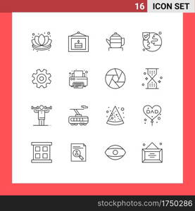 Mobile Interface Outline Set of 16 Pictograms of setting, cogs, tea, protection, world Editable Vector Design Elements
