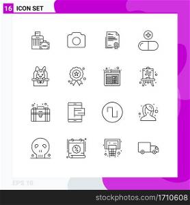 Mobile Interface Outline Set of 16 Pictograms of sign, medical, certificate, drug, letter Editable Vector Design Elements