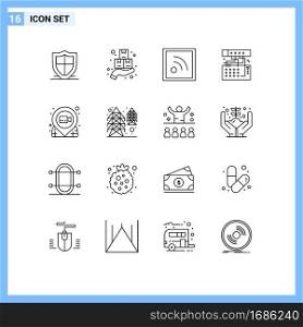Mobile Interface Outline Set of 16 Pictograms of sound, device, monday, connection, rss Editable Vector Design Elements