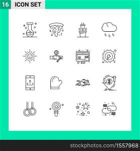 Mobile Interface Outline Set of 16 Pictograms of sun, brightness, plug, weather, nature Editable Vector Design Elements
