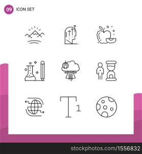 Mobile Interface Outline Set of 9 Pictograms of bomb, learning, mind, knowledge, education Editable Vector Design Elements