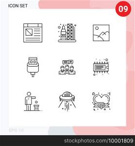 Mobile Interface Outline Set of 9 Pictograms of business, usb, image, connector, cable Editable Vector Design Elements