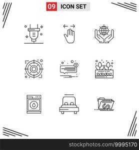 Mobile Interface Outline Set of 9 Pictograms of chat, target, zoom out, strategy, earth Editable Vector Design Elements