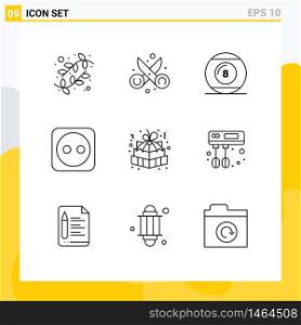 Mobile Interface Outline Set of 9 Pictograms of christmas gift, plug, art, electricity, play Editable Vector Design Elements