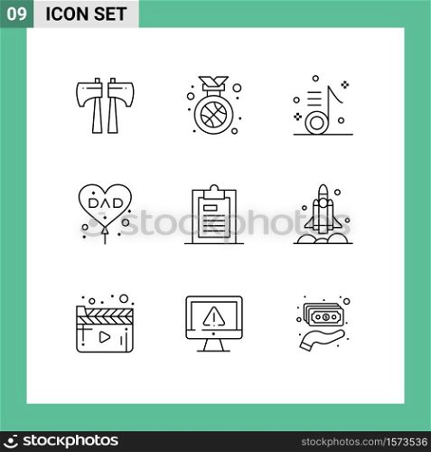 Mobile Interface Outline Set of 9 Pictograms of clipboard, fathers day, music, father, balloon Editable Vector Design Elements