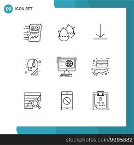 Mobile Interface Outline Set of 9 Pictograms of content, call centre, nature, help, assistance Editable Vector Design Elements