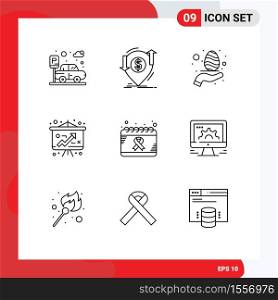 Mobile Interface Outline Set of 9 Pictograms of day, calendar, egg, strategy, economy Editable Vector Design Elements