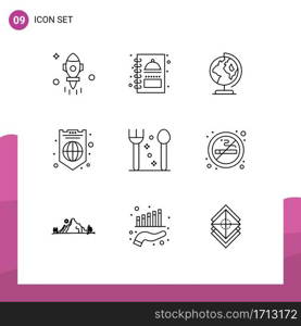Mobile Interface Outline Set of 9 Pictograms of fork, shield, earth, protection, global Editable Vector Design Elements
