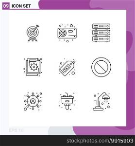 Mobile Interface Outline Set of 9 Pictograms of graph, chart, vga, business, hosting Editable Vector Design Elements