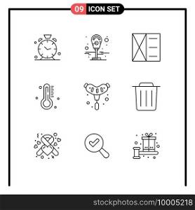 Mobile Interface Outline Set of 9 Pictograms of grill, bbq, fashion, rain, temperature Editable Vector Design Elements