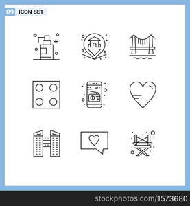 Mobile Interface Outline Set of 9 Pictograms of heart, media, building, communication, kitchen Editable Vector Design Elements