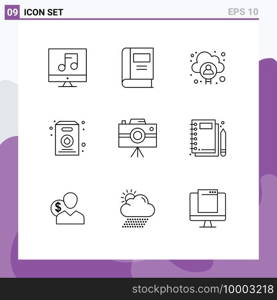 Mobile Interface Outline Set of 9 Pictograms of journalist camera, camcorder, account, supermarket, milk Editable Vector Design Elements