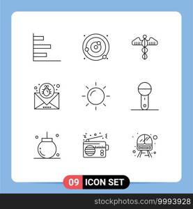 Mobile Interface Outline Set of 9 Pictograms of mail, bug, sphere, attack, health Editable Vector Design Elements
