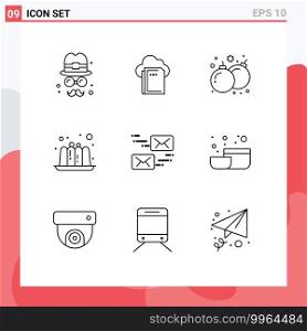 Mobile Interface Outline Set of 9 Pictograms of marketing, email, bomb, jelly, cake Editable Vector Design Elements