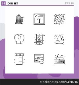 Mobile Interface Outline Set of 9 Pictograms of mobile, head, funding, mind, empathy Editable Vector Design Elements