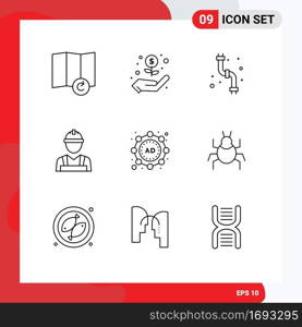 Mobile Interface Outline Set of 9 Pictograms of nature, strategy, plumbing, marketing, worker Editable Vector Design Elements