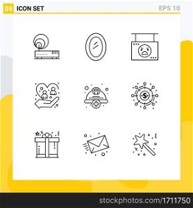 Mobile Interface Outline Set of 9 Pictograms of people, caring, mirror, care, pumpkin Editable Vector Design Elements