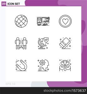 Mobile Interface Outline Set of 9 Pictograms of people, knowledge, workstation, family, heart Editable Vector Design Elements