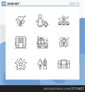 Mobile Interface Outline Set of 9 Pictograms of present, party, mom, loudspeaker, web Editable Vector Design Elements