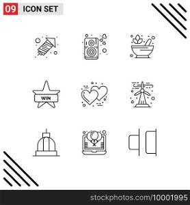 Mobile Interface Outline Set of 9 Pictograms of romantic, day, pharmacy, win, badges Editable Vector Design Elements