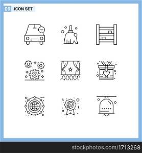 Mobile Interface Outline Set of 9 Pictograms of setting, gear, sweep, cog, interior Editable Vector Design Elements