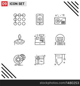 Mobile Interface Outline Set of 9 Pictograms of shopping, payment, gramophone, cash, venetian Editable Vector Design Elements