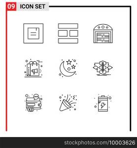 Mobile Interface Outline Set of 9 Pictograms of space, moon, construction, c&aign, marketing Editable Vector Design Elements