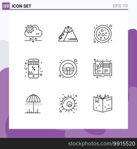 Mobile Interface Outline Set of 9 Pictograms of steering, discount, hiking, christmas, online Editable Vector Design Elements