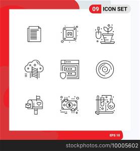 Mobile Interface Outline Set of 9 Pictograms of storage, protection, hobbies, gdpr, reach Editable Vector Design Elements