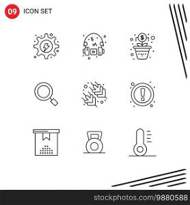 Mobile Interface Outline Set of 9 Pictograms of supermarket, search, music, magnify, general Editable Vector Design Elements